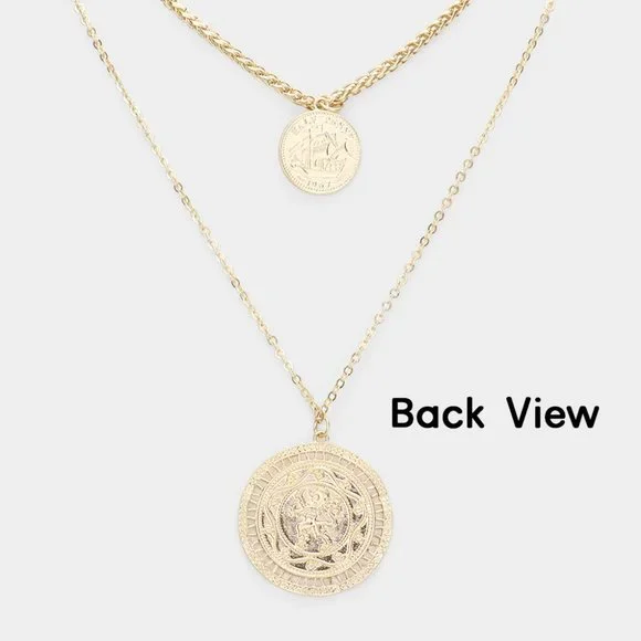 Gold Chain Double Layered Portrait Head Coin Link Necklace - Picture 3 of 11